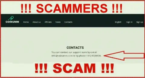 Coinumm phone number is listed on the swindlers site