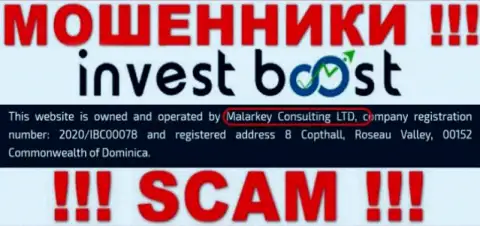 На официальном сайте Инвест Буст Ко написано, что этой организацией владеет Malarkey Consulting LTD