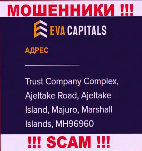 На веб-портале EvaCapitals размещен оффшорный адрес регистрации компании - Trust Company Complex, Ajeltake Road, Ajeltake Island, Majuro, Marshall Islands, MH96960, будьте крайне внимательны - это мошенники