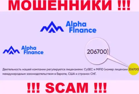 Номер лицензии на осуществление деятельности Alpha-Finance io, на их веб-портале, не сумеет помочь уберечь Ваши средства от кражи