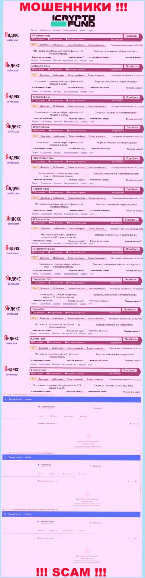 Скрин результатов онлайн-запросов по противозаконно действующей конторе АйКриптоФонд Ком