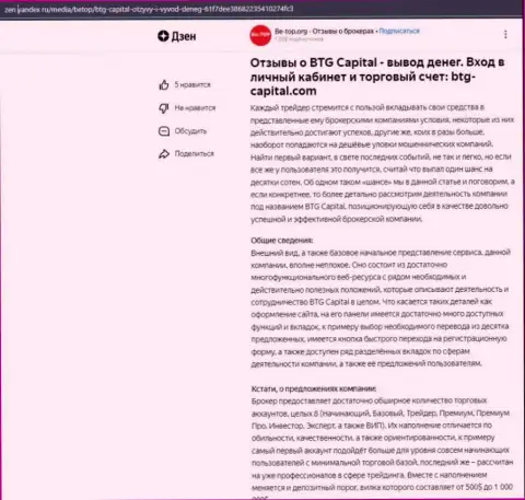 Обзорная статья об компании BTG Capital, опубликованная на интернет-портале дзен яндекс ру