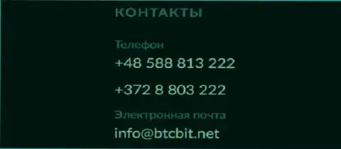 Телефоны и Е-mail online обменника BTC Bit