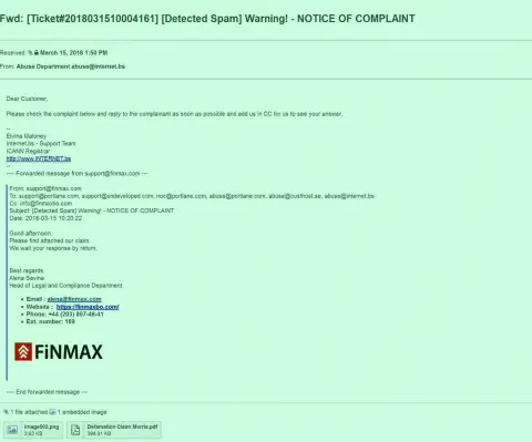 Схожая жалоба на официальный интернет-сервис FiNMAX поступила и регистратору доменного имени сайта